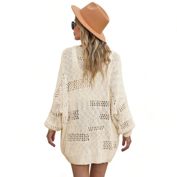 Cream Casual Hollowed Knit Dolman Sleeve Cardigan - Picture 7 of 11